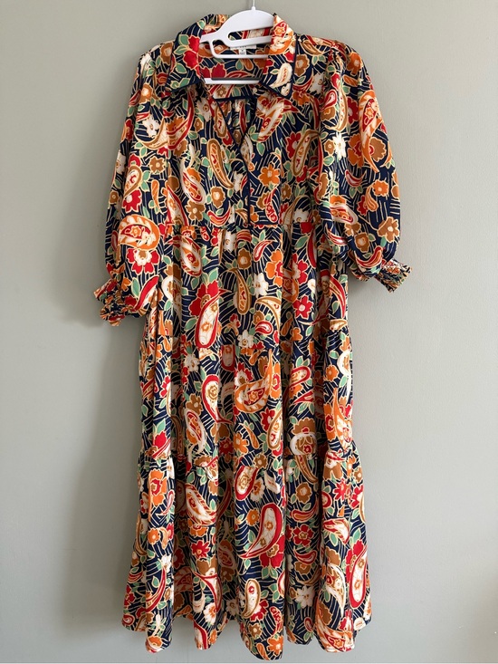 Umgee Dresses & Skirts - Umgee Paisley Floral Tiered Midi Dress Navy Orange Boho Size Medium